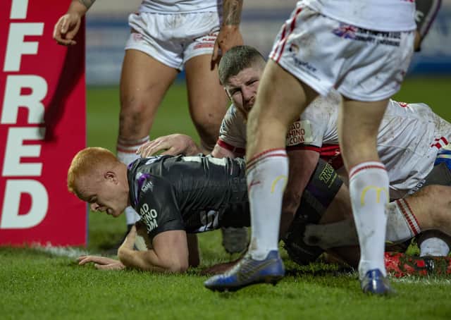 Josh Wood scores Wakefield's second try at the KCOM Craven Park Stadium. Picture: Bruce Rollinson.