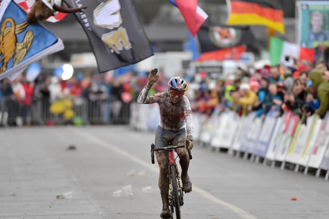 Tom Pidcock crosses the line to finish second in the elite men's race  at the Cyclo-Cross World Championships in Dubendorf.