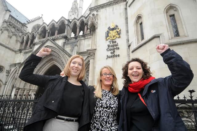 2013: Campaigners celebrating outside the Royal Court of Justice, in London. Pictured from left: parent Lois Brown, CEO of CHSF Sharon Milner and Dr Sara Matley, Director of Save our Surgery. Picture: James Hardisty