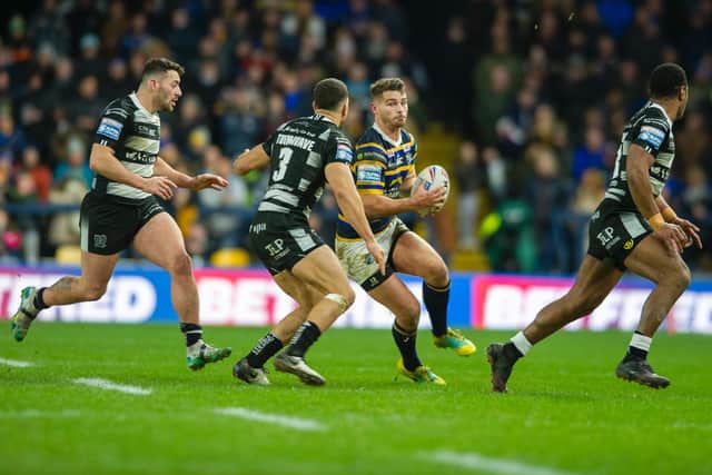 Stevie Ward in possession for Rhinos. Picture by Tony Johnson.