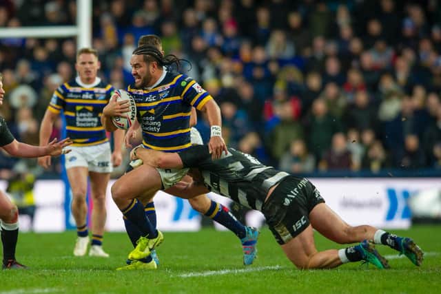 Konrad Hurrell on the charge before his game-ending head injury. Picture by Tony Johnson.