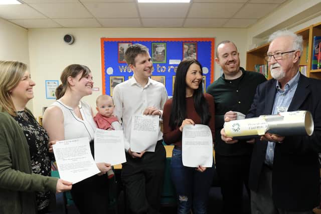 Time Capsule opening at Colton Primary School.
Former class teacher Peter Harrison (right), with former pupils Stephanie Wright nee Kinghorn, Michelle Grainger nee Taylor, Hannah Waite nee Lightfoot, Matthew Stocks, Ben McNally.

Photo: Steve Riding