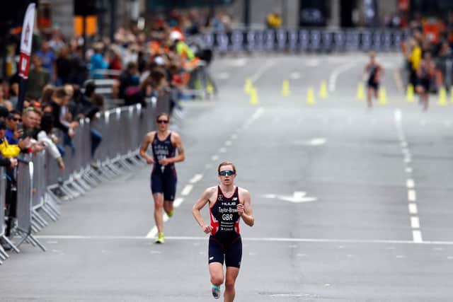 Georgia Taylor-Brown on her way to winning the Elite Women's race during the 2019 ITU World Triathlon Series event (Photo: Martin Rickett/PA Wire)