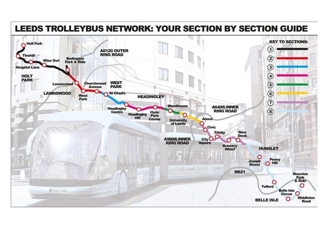 It was to be powered electrically by overhead wires and would involve eight stages of the 14km line, running from Holt Park in the north to Stourton in the south.