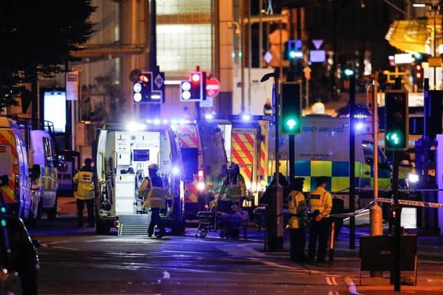 Emergency services at the scene of the Manchester Arena bombing in May 2017. Picture: SWNS