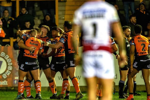 Tigers celebrate against Wigan. Picture by Bruce Rollinson.