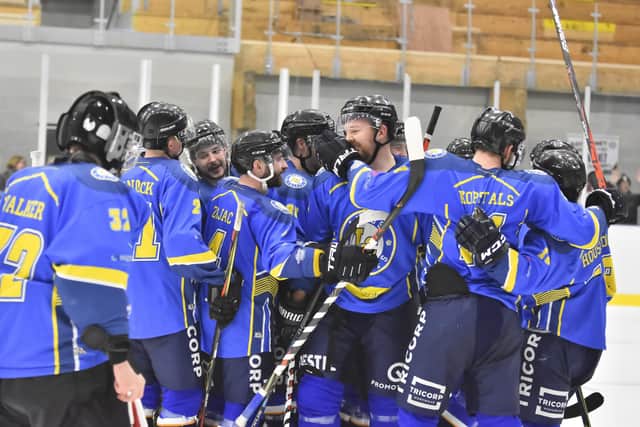 Leeds Chiefs' players celebrate after beating Telford tigers at home on Saturday night. Picture courtesy of Steve Brodie.
