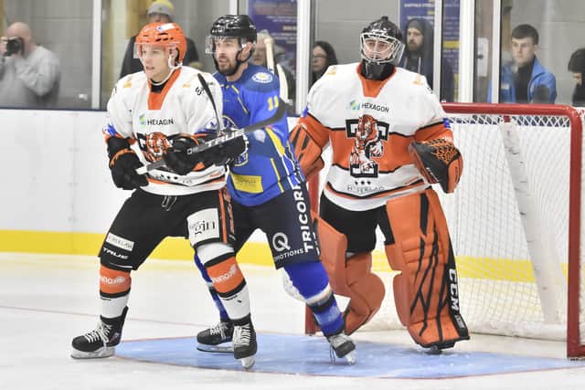 Leeds Chiefs' Andres Kopstals makes a nuisance of himself in front of Telford goaltender Brad Day. Picture courtesy of Steve Brodie.