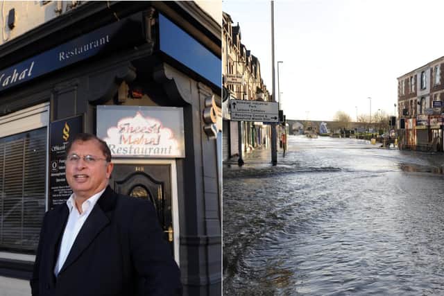 Azram Chaudhry's curry house was badly affected by the 2015 floods, left.