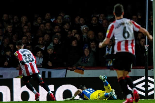 Leeds United concede the opening goal at Griffin Park. (Pic: Bruce Rollinson)