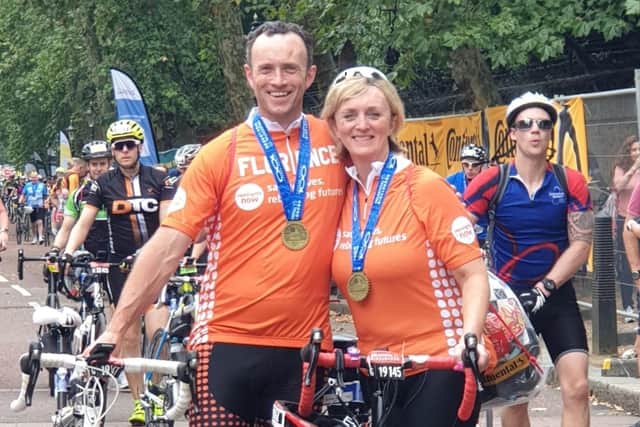 Karl Birch and sister Angela Cooper at the Ride London bike ride for Meningitis Now in August 2019