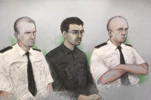 A court artist's sketch of Hashem Abedi, younger brother of the Manchester Arena bomber. Picture: Elizabeth Cook/PA Wire