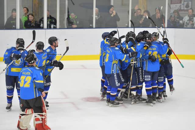 Leeds Chiefs celebrate their thrilling overtime win over Hull Pirates. Picture: Dean Woolley.
