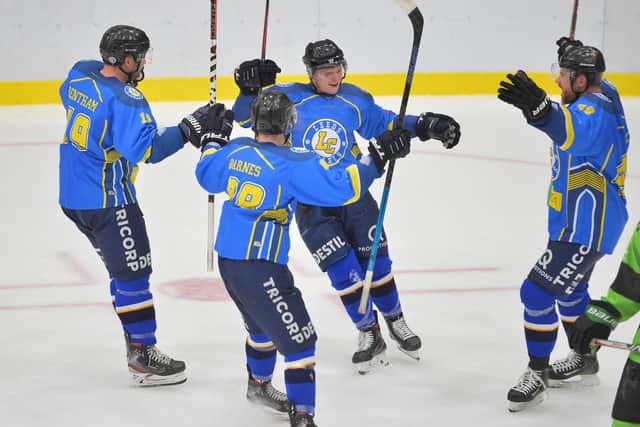 Lewis Baldwin celebrates his game-winning goal in overtime for Leeds Chiefs against Hull Pirates. Picture: Dean Woolley.