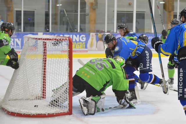 Patrik Valcak Goal forces the puck through Ash Smith in the Hull Pirates net to draw Leeds Chiefs level in the ninth minute. Picture: Dean Woolley.