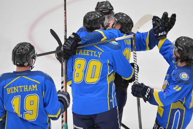 Leeds Chiefs' players celebrate Adam Barnes's equalising goal in the third period against Hull Pirates. Picture: Dean Woolley.