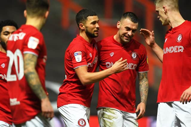 THRIVING: Bristol City celebrate Nahki Wells' opener in Wednesday night's 3-2 win at home to Derby County. Photo by Harry Trump/Getty Images.