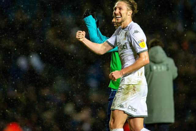 Leeds United defender Luke Ayling celebrates at full-time following the Whites victory over Bristol City. (Image: Bruce Rollinson)