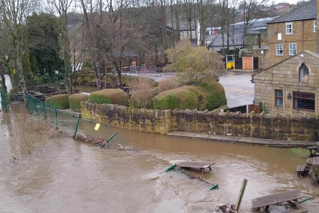 The flooded beer garden at the Kirkstall Bridge Inn.