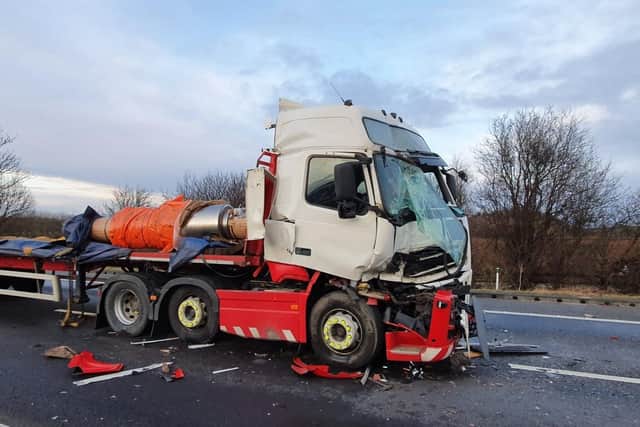 Photos of a severely damaged HGV have offered a glimpse at the collision which closed the A1 at Pontefract this afternoon. Photo: @WYP_RPU