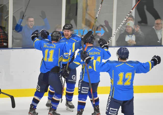 IN THE GAME: Leeds Chiefs' players celebrate a goal during last Friday's thriling 4-3 win in overtime against Hull Pirates. Picture: Dean Woolley.