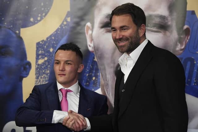 Josh Warrington and Eddie Hearn. Picture: George Wood/Getty Images.
