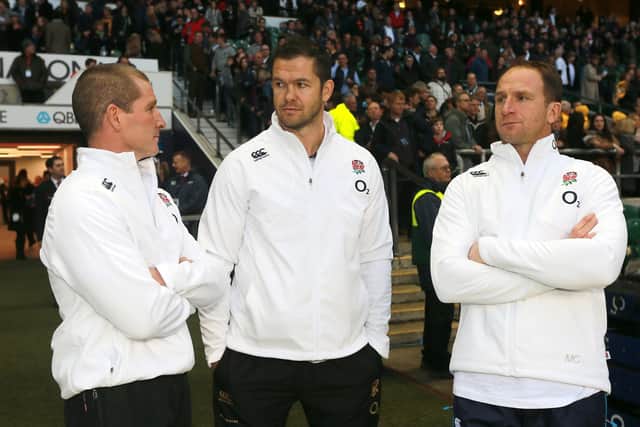 Andy Farrell, centre, pictured with former England head coach Stuart Lancaster, left, and fellow assistant Mike Catt in 2013. Picture: David Davies/PA