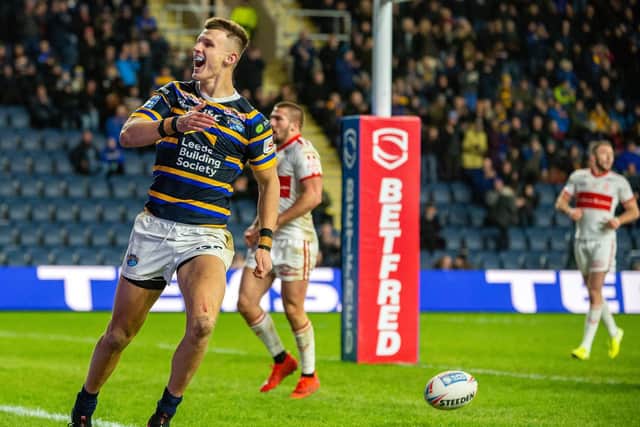 Ash Handley will be hoping to score for the third successive game when Rhinos visit Salford. Picture by Bruce Rollinson.