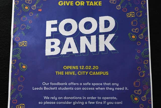 The sign outside the student foodbank near to The Hive at Leeds Beckett University.