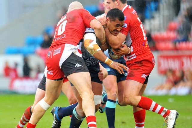 Ava Seumanufagai tries to force a gap in the Salford defence.