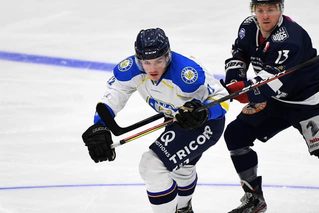 UP AND RUNNING: Caly Robertson opened his Leeds Chiefs' account with a well-taken goal to make it 4-2 against Sheffield Steeldogs. Picture: Jonathan Gawthorpe.