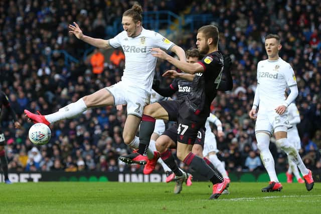 NO WAY THROUGH: Ben White, right, and Luke Ayling, clearing the ball, hold firm in Leeds United's 1-0 victory against Reading. White excelled stepping up from centre-back into the holding midfield role. Photo by Nigel Roddis/Getty Images.