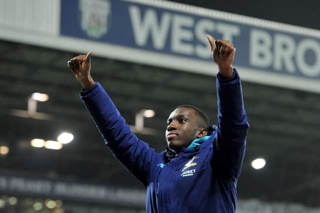 Eddie Nketiah saying goodbye to the Leeds United fans at West Brom on New Year's Day (Pic: Tony Johnson)