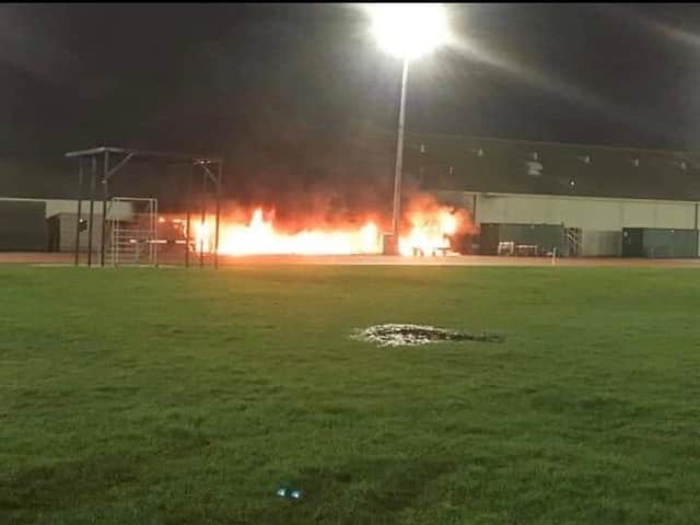 A fire at Thornes Park Stadium on Wednesday evening. Photo provided by Wakefield Official News via Twitter.