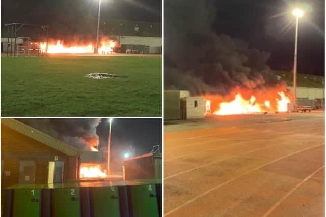 The fire at Thornes Park Stadium on Wednesday evening. Photos provided by Chloe Carter and Wakefield Official News via Twitter.