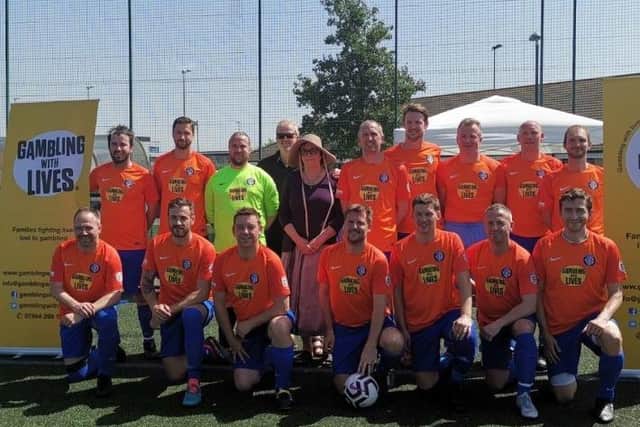 Headingley AFC players pictured last year in kit bearing the Gambling With Lives logo.