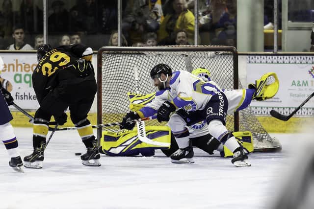 Leeds Chiefs' player-coach Sam Zajac battles in vain to stop another Bracknell Bees goal in December's 11-1 defeat for his team in Berkshire. Picture courtesy of Kevin Slyfield