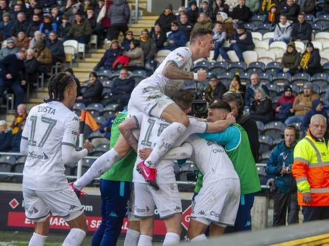 Leeds United substitute Tyler Roberts celebrates his first goal with team-mates. Picture: Tony Johnson.