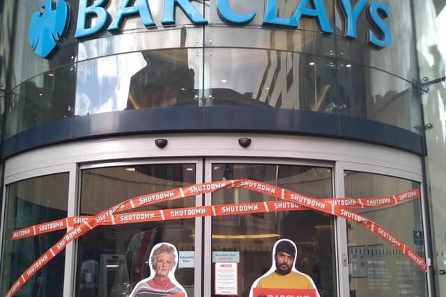 Barclays on Albion Street is closed after Greenpeace activists taped over and damaged the door (Photo: Kit Taylor)