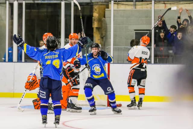 Andres Kopstals, right, turns to celebrate Lewis Houston's overtime winner at Elland Road against Telford Tigers. Picture courtesy of Mark Ferriss.