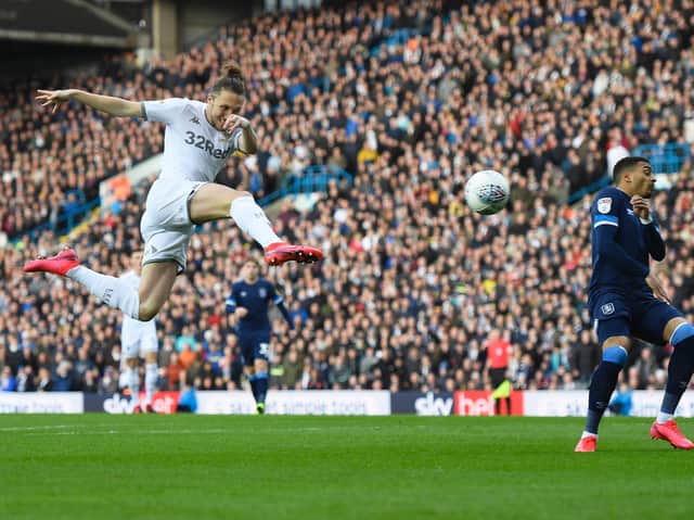 Leeds United defender Luke Ayling opens the scoring with a stunning goal at Elland Road against Huddersfield Town. (Image: Getty)
