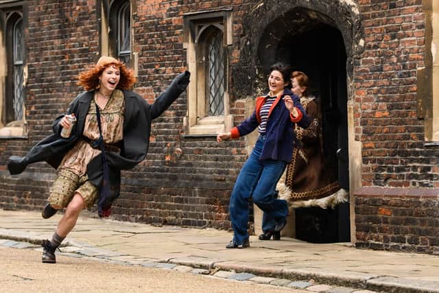 Jessie Buckley (Jo Robinson), Ruby Bentall (Sarah), and Lily Newmark (Jane) in Misbehaviour.