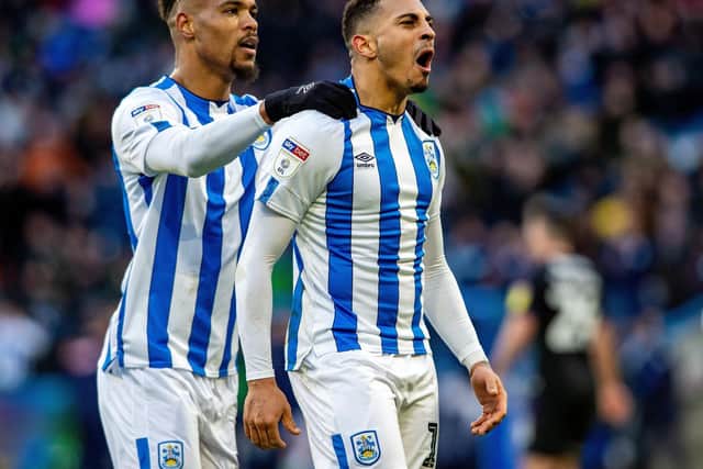 MAIN THREATS: Huddersfield Town duo Karlan Grant, right, and Steve Mounie. Picture by Bruce Rollinson.