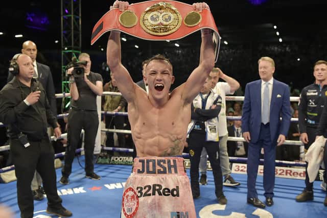 UNFORGETTABLE: Promoter Frank Warren looks on as Josh Warrington celebrates becoming IBF featherweight champion of the world after defeating Lee Selby at Elland Road in May 2018. Picture by Steve Riding.