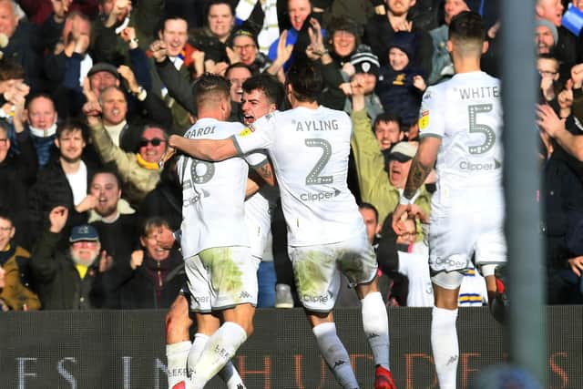 Patrick Bamford celebrating his second half goal for Leeds United against Huddersfield Town (Pic: Jonathan Gawthorpe)