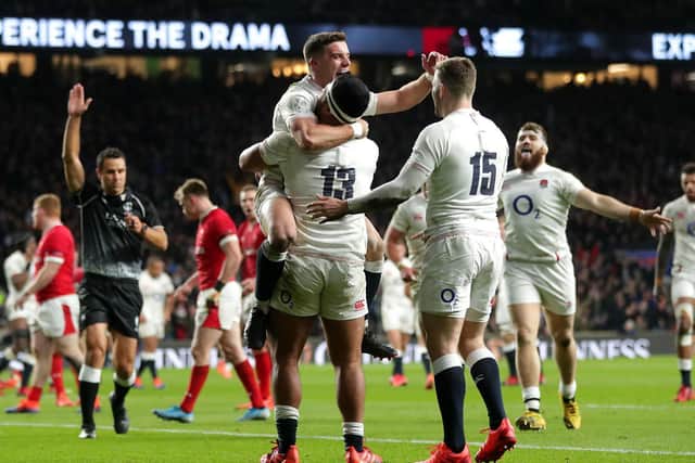 England's Manu Tuilagi celebrates scoring his side's third try of the game (David Davies/PA Wire)