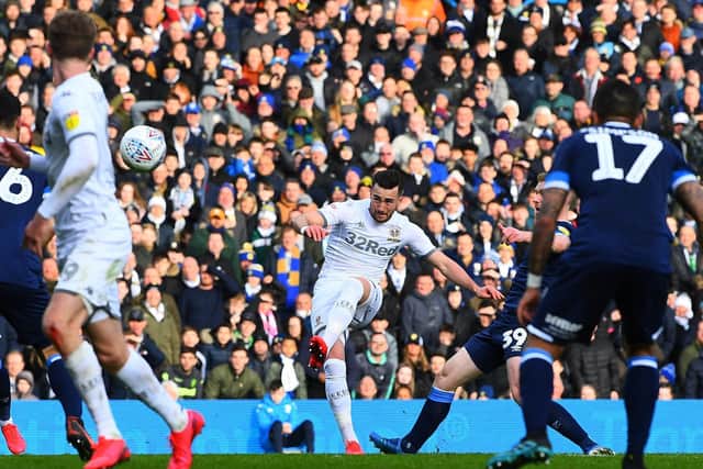 NOT AGAIN! Thriving Leeds United winger Jack Harrison sees another superb attempt cannon back off the woodwork, one week after an almost identical effort also hit the post against Hull City. Picture by Jonathan Gawthorpe.