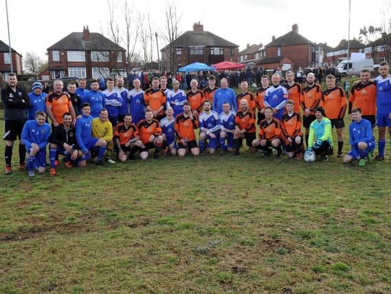 Charity football match at TV Harrison ground , Oldfield Lane, Leeds on Sunday March 8 . The two teams before kick off.

Photo: Steve Riding