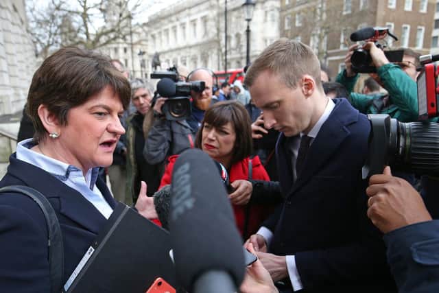 DUP leader Arlene Foster speaks to the media as she leaves the Cabinet Office in Whitehall, London, after a meeting of the Government's emergency committee Cobra to discuss coronavirus. (Photo: Jonathan Brady/PA Wire)