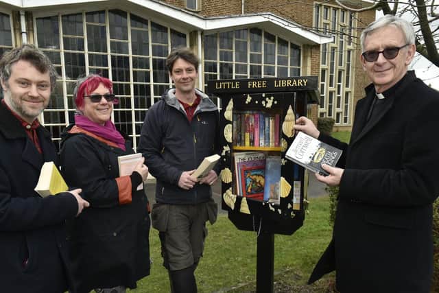 Father Nicholas Clews, Vicar of Thornbury and Woodhall and Waterloo pictured with the Leeds Little Free Library at St James the Great Church, Galloway Court, Galloway Lane, Pudsey.
He is pictured with Coun Peter Carlill, (Lab Calverley and Farsley);  Jane Clifford, administrator Leeds Little Free Library and cabinet maker Dave Ayres.

Photo: Steve Riding